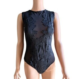 A’Gaci Black Embroidered Floral Appliqués  Sheer Bodysuit